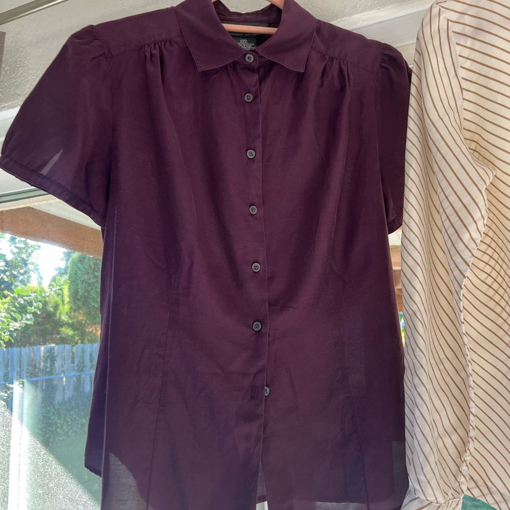 Women's Purple Button-Up natural fiber cotton/silk blouse size small - work wear